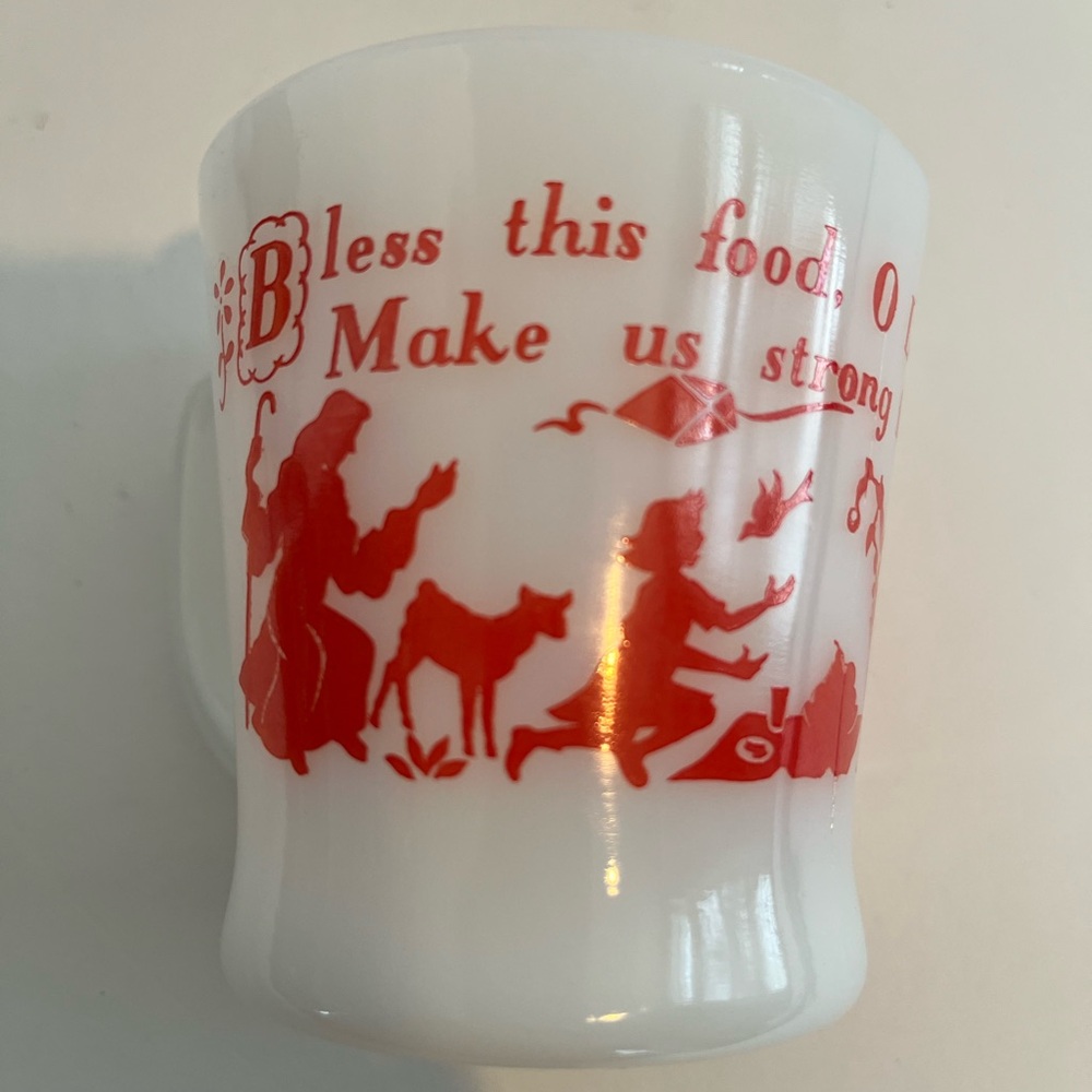 Vintage Fire-King "Bless This Food" Milk Glass Mug